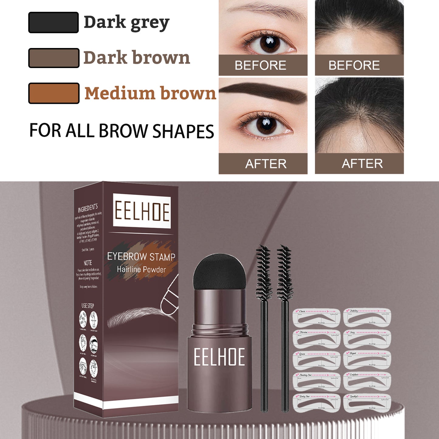 EELHOE Eyebrow Print Mold Eyebrow Drawing (Dark Grey Box) Lazy Eyebrow Filling Makeup Eyebrow Cake Waterproof Hairline Powder