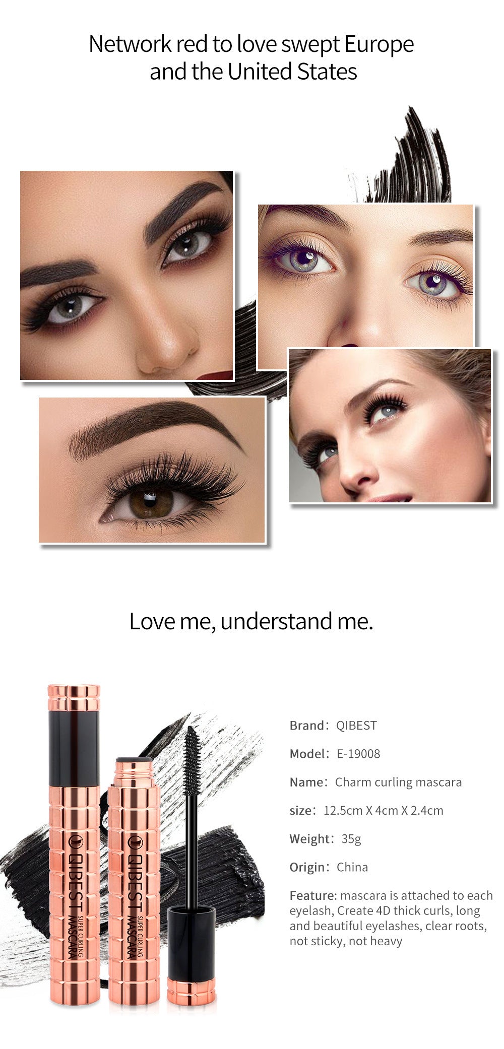 QIBEST Charming Curling Mascara Waterproof And Not Smudged, Big Eyes 4D Mascara
