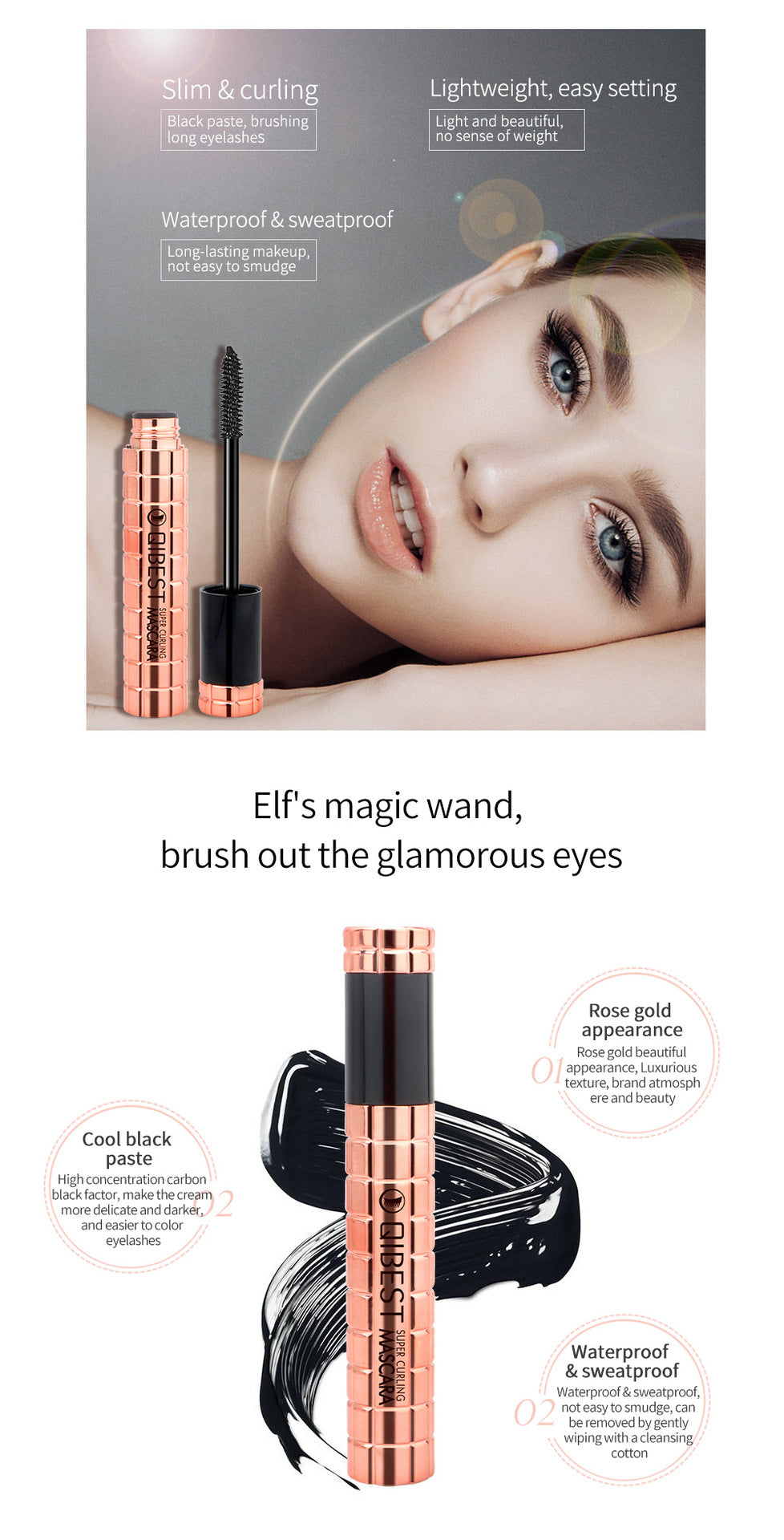 QIBEST Charming Curling Mascara Waterproof And Not Smudged, Big Eyes 4D Mascara