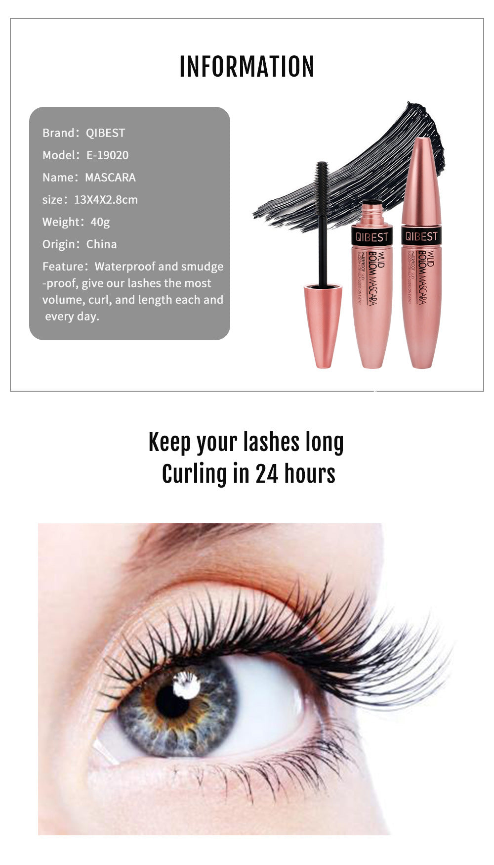 QIBEST Waterproof Sweat-Proof Dense Curly Slender No Fading No Smudges 4D Mascara