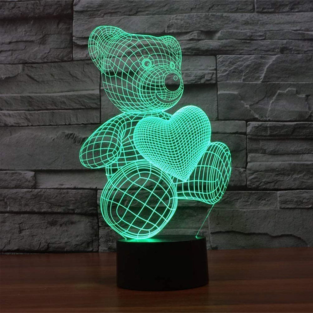 3D Acrylic Teddy Bear 7 Color Bedside Table Light- USB Powered