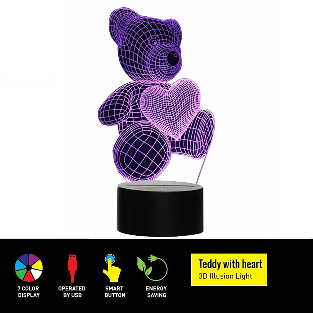 3D Acrylic Teddy Bear 7 Color Bedside Table Light- USB Powered