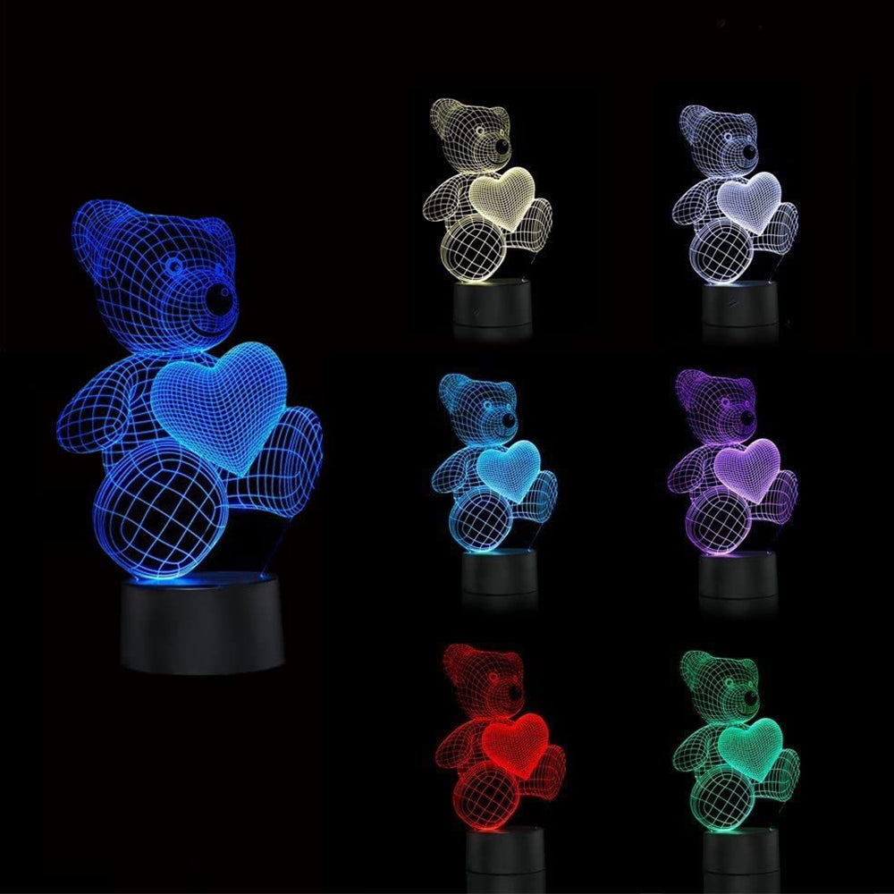 3D Acrylic Teddy Bear 7 Color Bedside Table Light- USB Powered