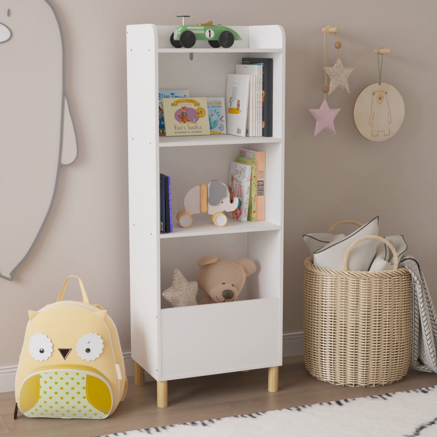 Free Standing 4 Tier Kid’s Bookcase and Toy Storage Organizer in White