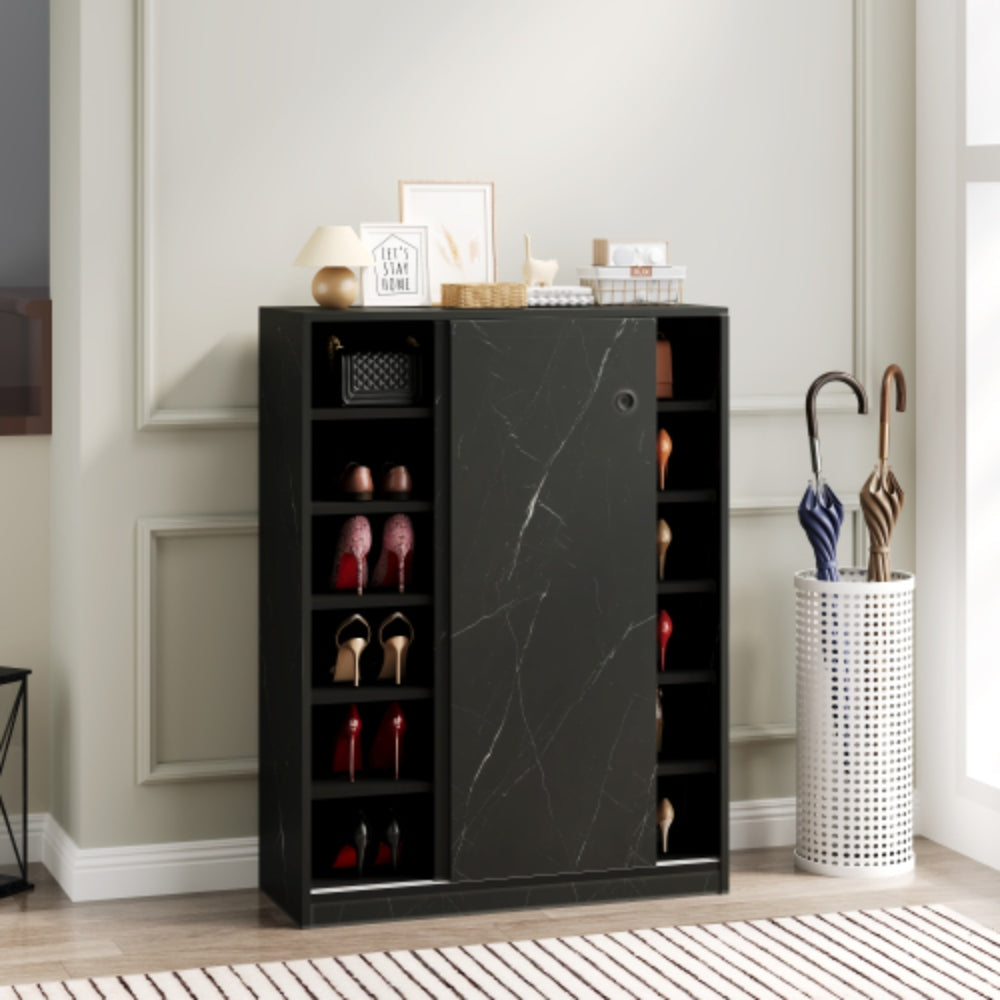 Stylish Marble Black Shoe Cabinet with Sliding Door