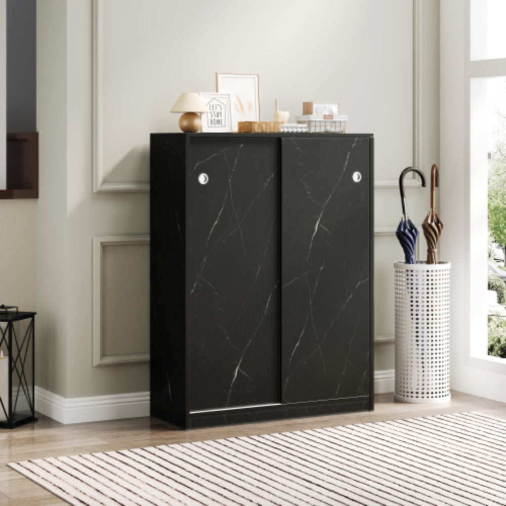 Stylish Marble Black Shoe Cabinet with Sliding Door
