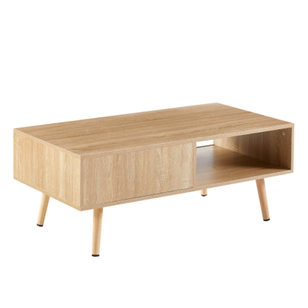 Modern Rattan Coffee Table with Sliding Storage Door in Natural Finish