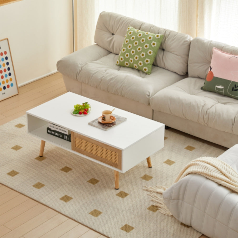 Modern Rattan Coffee Table with Sliding Storage Door in White Finish