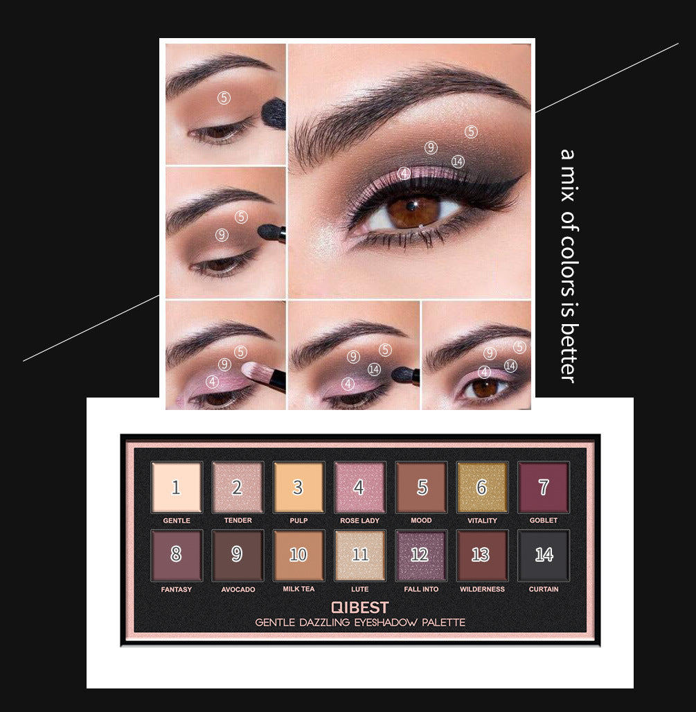 QIBEST 14 Color Eyeshadow Palette Matte Eyeshadow Low Key Luxury Velvet Glossy Eyeshadow Palette