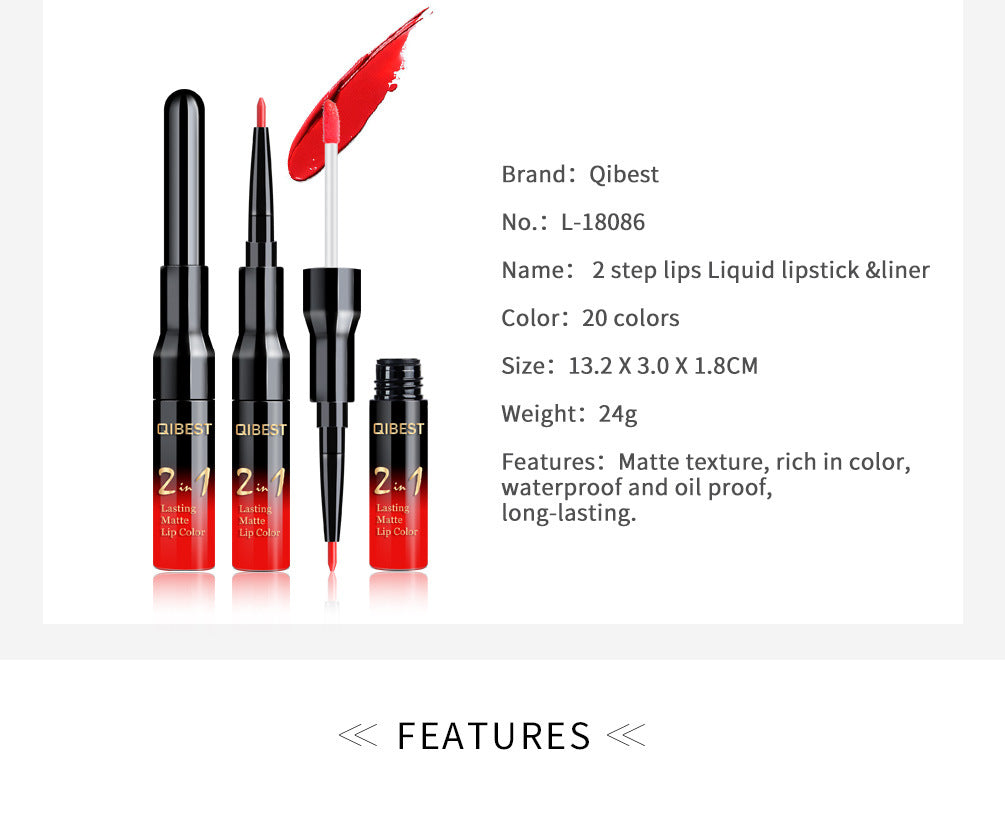 QIBEST2 In 1 Lip Gloss + Lip Pencil Matte Non Stick Liquid Lipstick Double Head Lip Gloss Pen