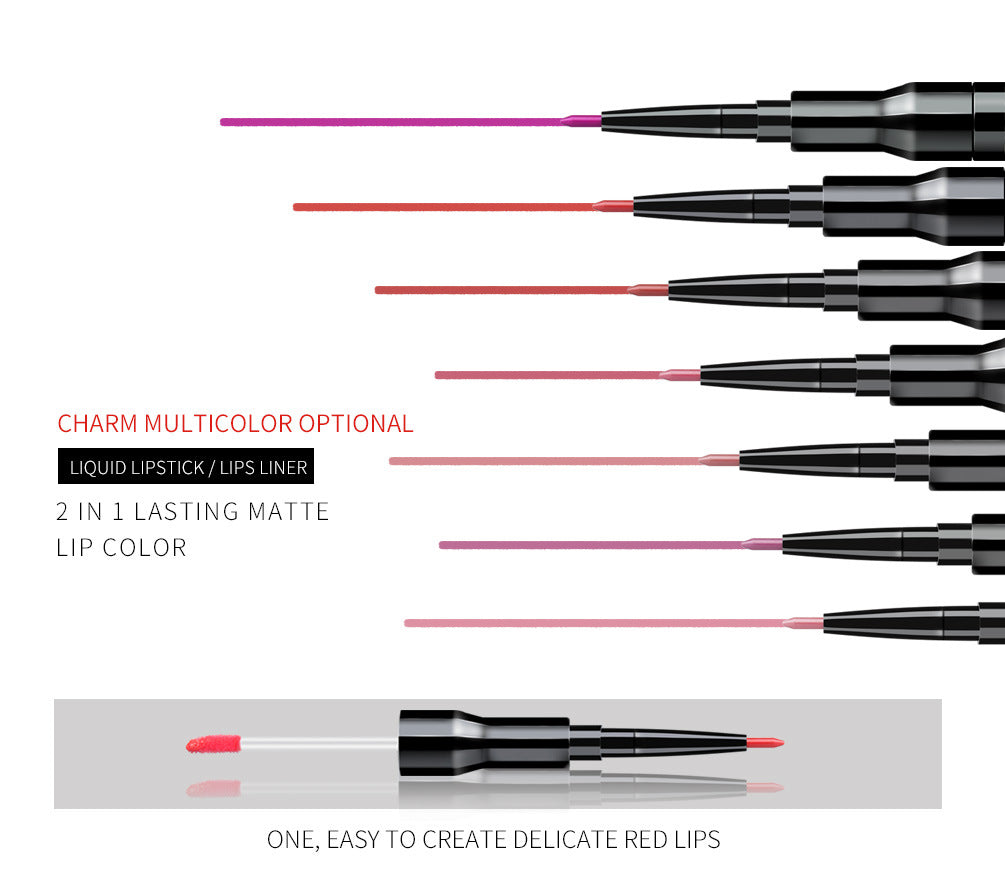 QIBEST2 In 1 Lip Gloss + Lip Pencil Matte Non Stick Liquid Lipstick Double Head Lip Gloss Pen