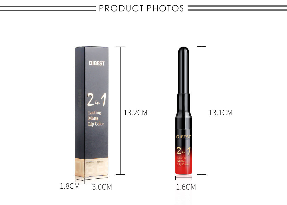 QIBEST2 In 1 Lip Gloss + Lip Pencil Matte Non Stick Liquid Lipstick Double Head Lip Gloss Pen
