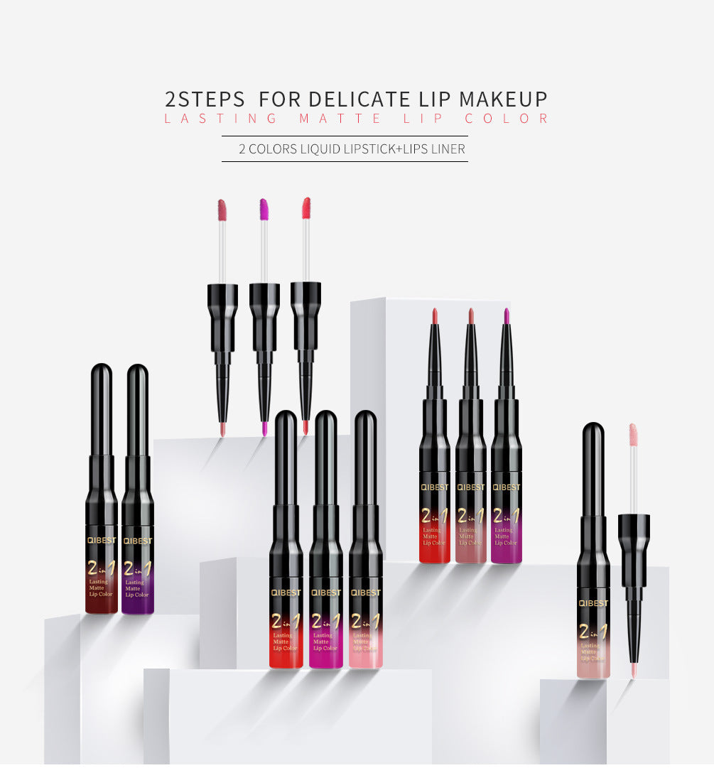 QIBEST2 In 1 Lip Gloss + Lip Pencil Matte Non Stick Liquid Lipstick Double Head Lip Gloss Pen