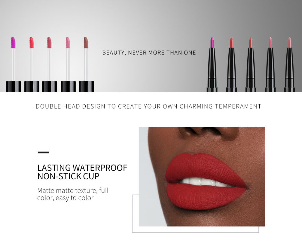 QIBEST2 In 1 Lip Gloss + Lip Pencil Matte Non Stick Liquid Lipstick Double Head Lip Gloss Pen