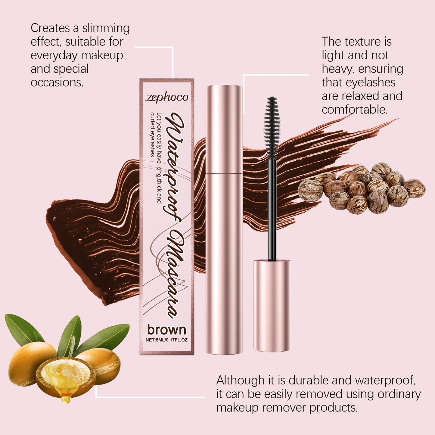 zephoco Brown Curl Mascara, Daily Moisturizes Natural Beauty Holding Eye Mascara