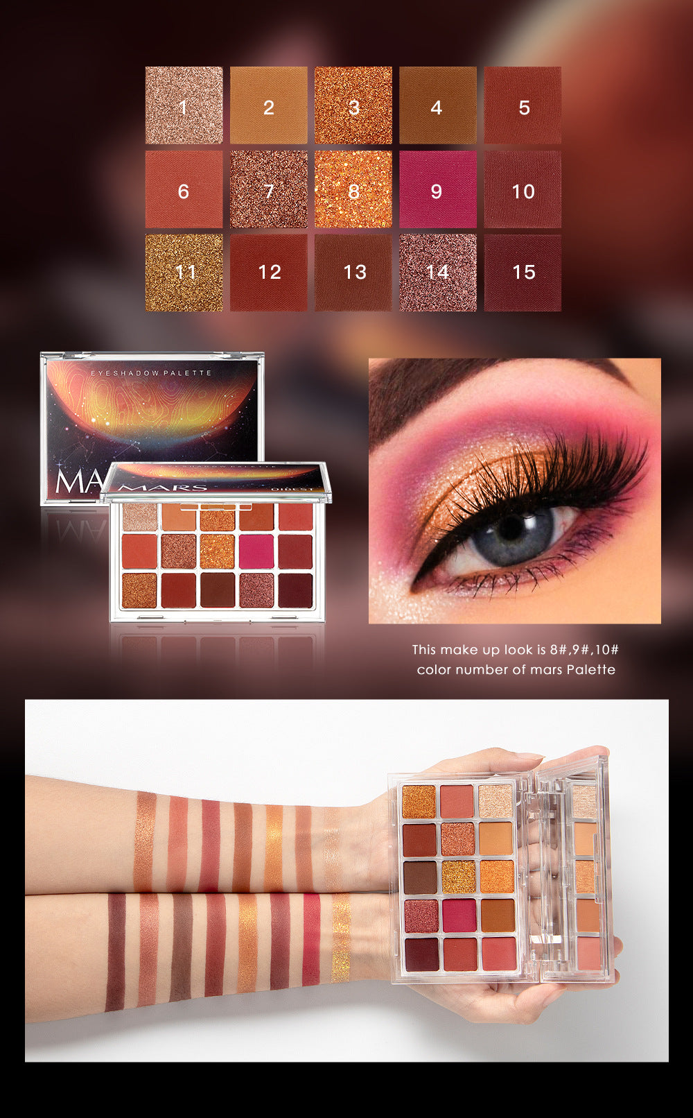 QIBEST Starry Eye Shadow Earth Color Mashed Potato Pearlescent Matte Glitter Eyeshadow Powder 15 Color Eyeshadow