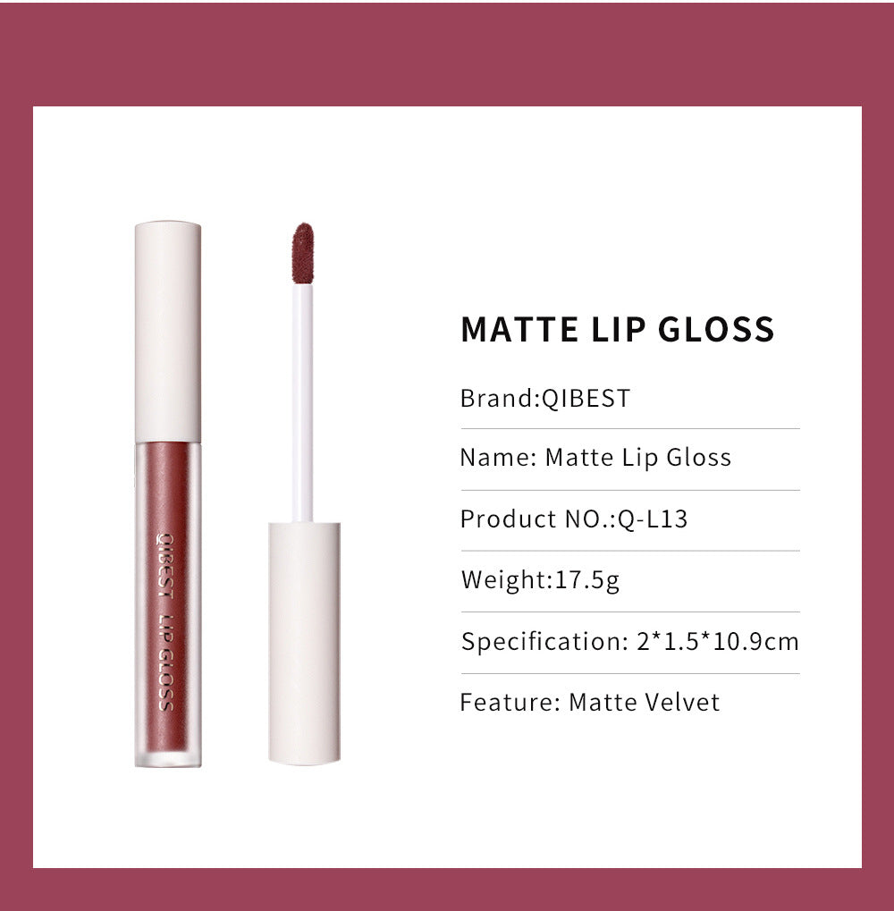 QIBEST Velvet Matte Lip Gloss Matte Moisturizing Non-Stick Lip Glaze Non-Fading Lip Gloss