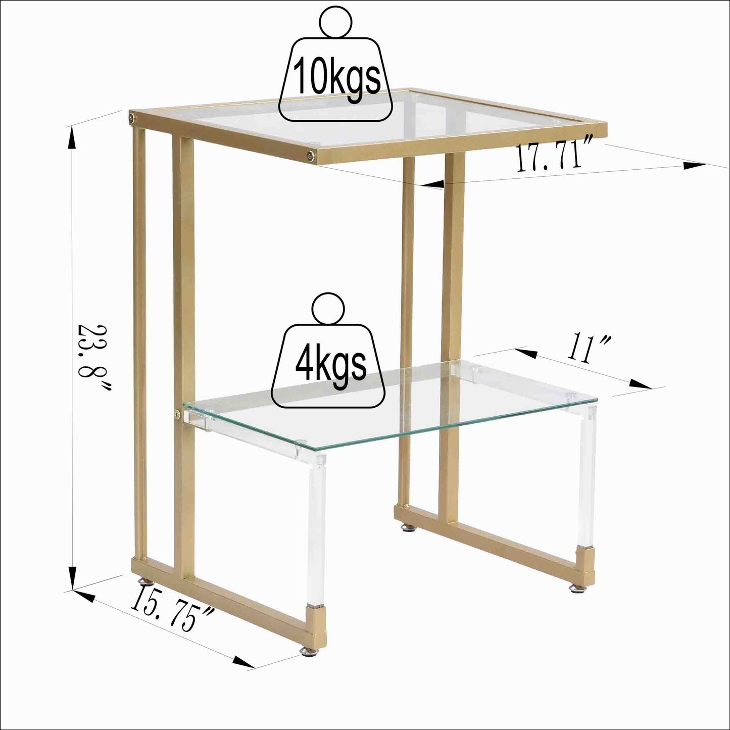 2-Tier Acrylic Glass End Table with Golden Side for Living Room