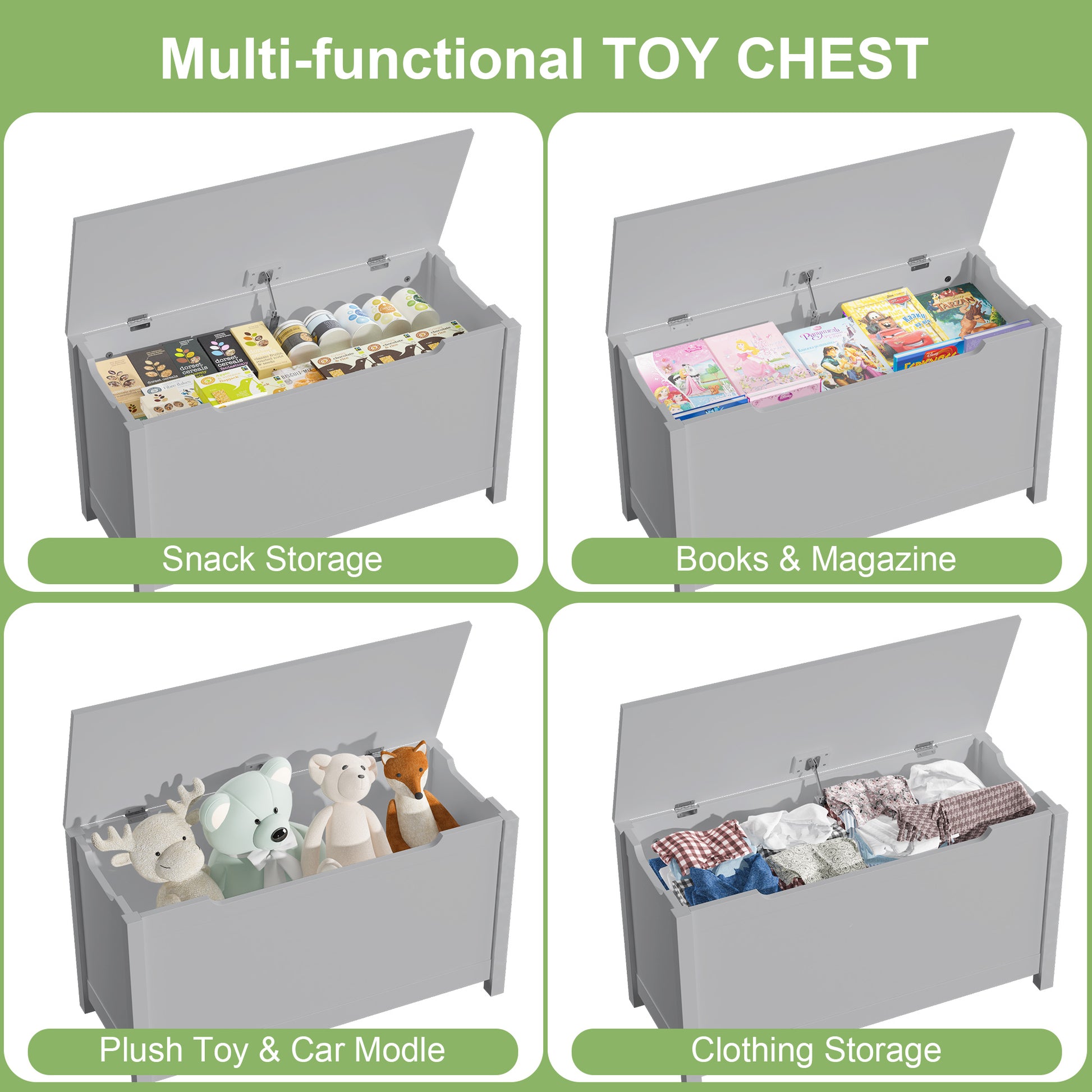 Kids Wooden Toy Box Storage with Safety Hinged Lid for Ages 3+ -Gray