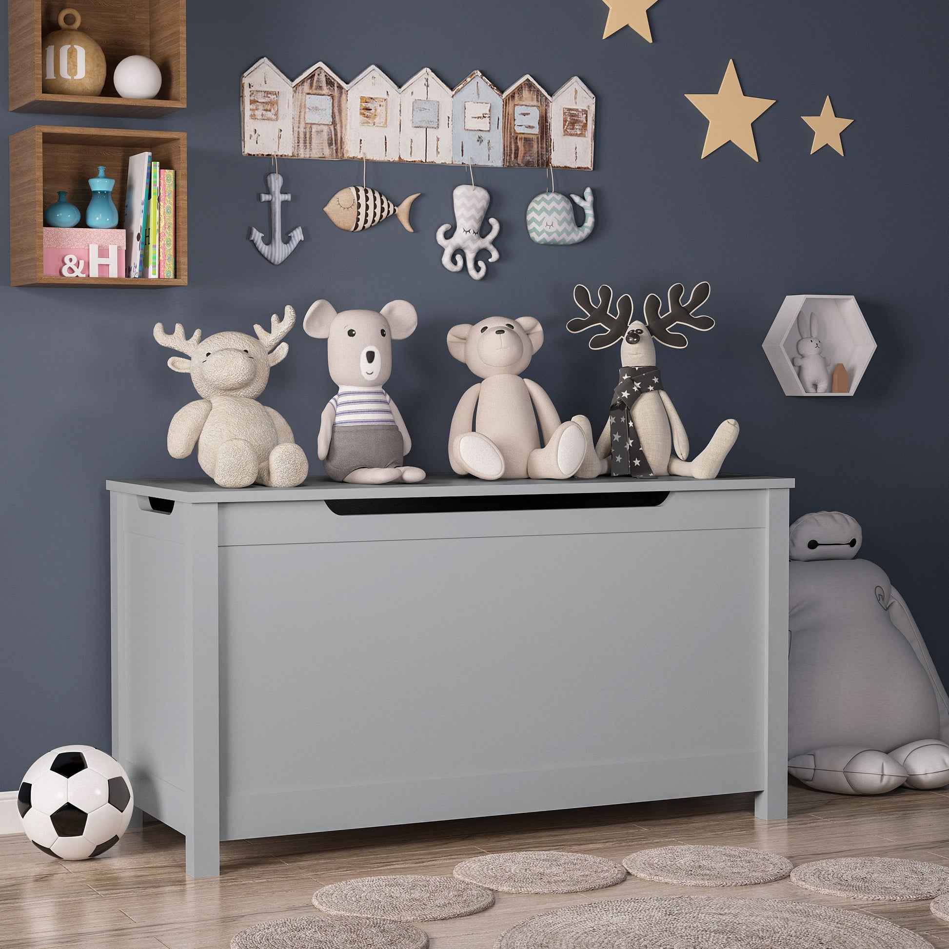 Kids Wooden Toy Box Storage with Safety Hinged Lid for Ages 3+ -Gray