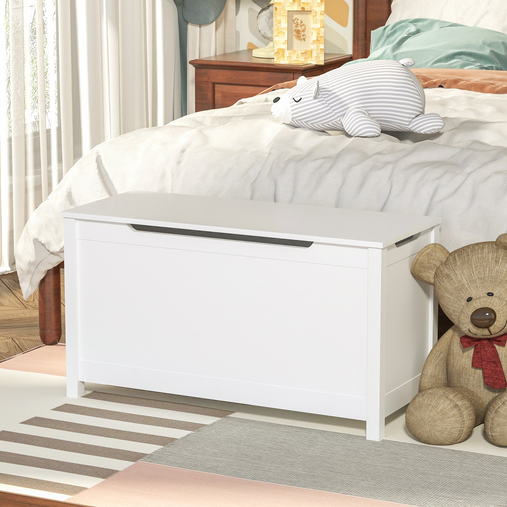 Kids Wooden Toy Box Storage with Safety Hinged Lid for Ages 3+ -White