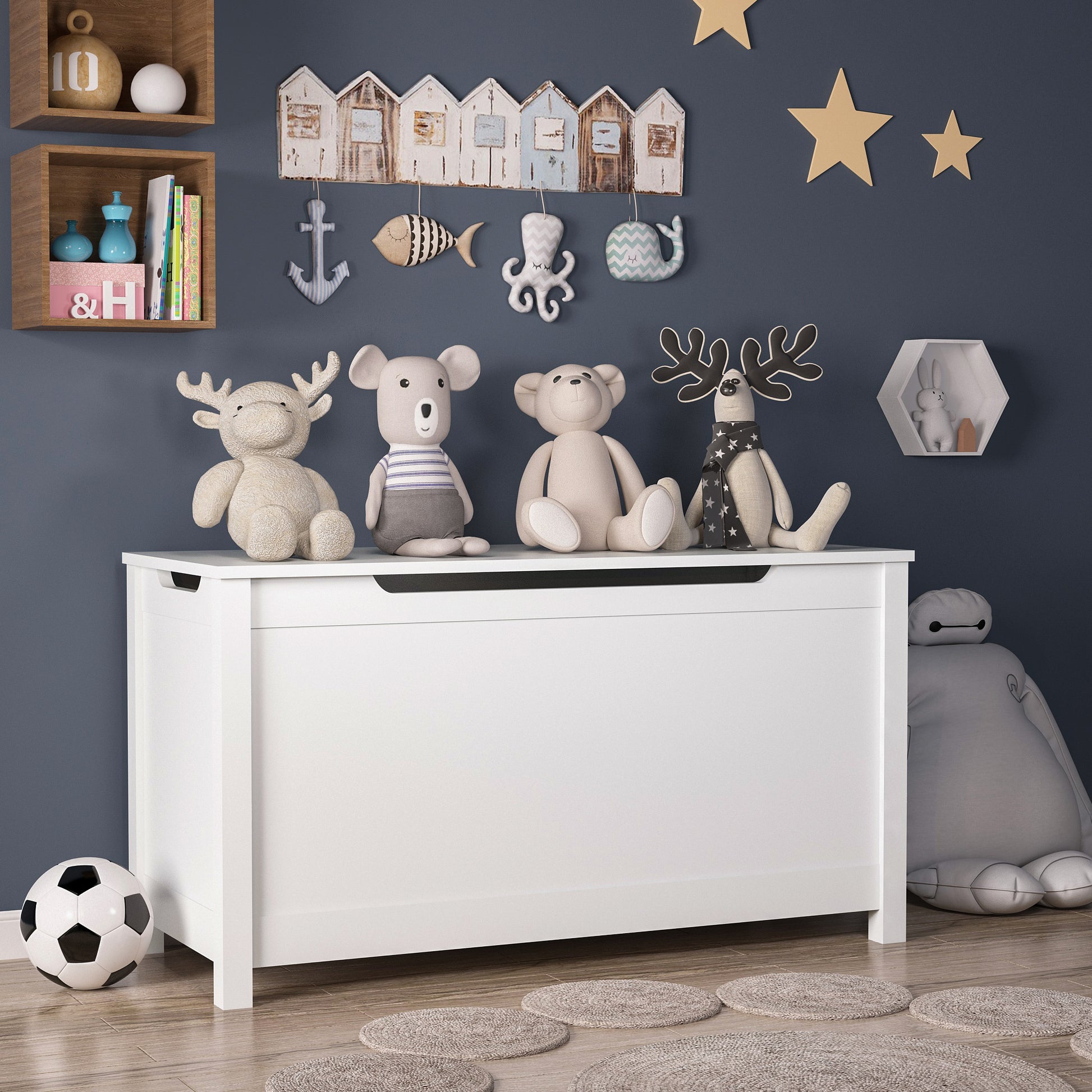 Kids Wooden Toy Box Storage with Safety Hinged Lid for Ages 3+ -White