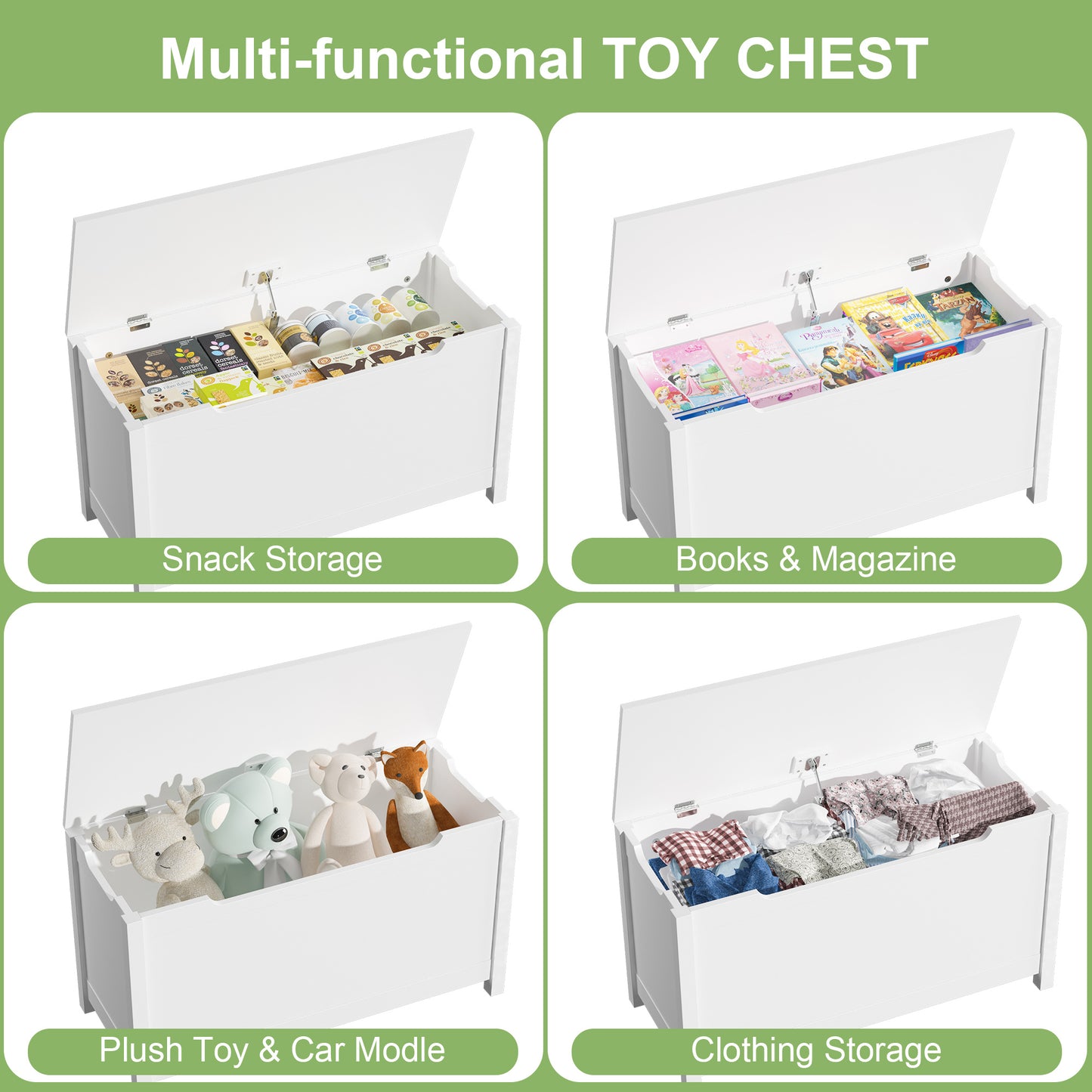 Kids Wooden Toy Box Storage with Safety Hinged Lid for Ages 3+ -White