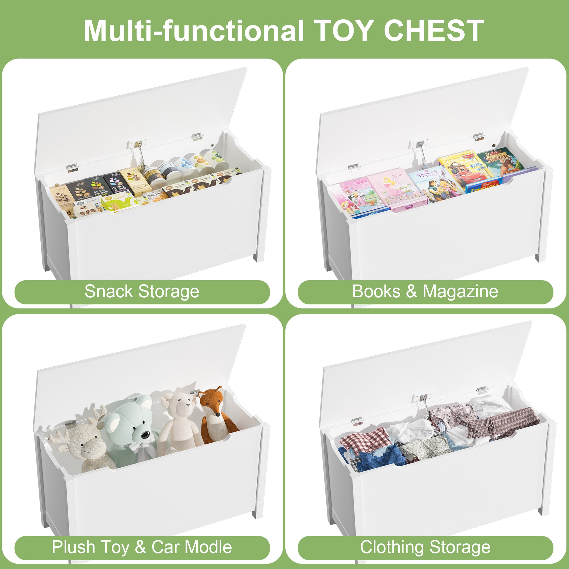 Kids Wooden Toy Box Storage with Safety Hinged Lid for Ages 3+ -White
