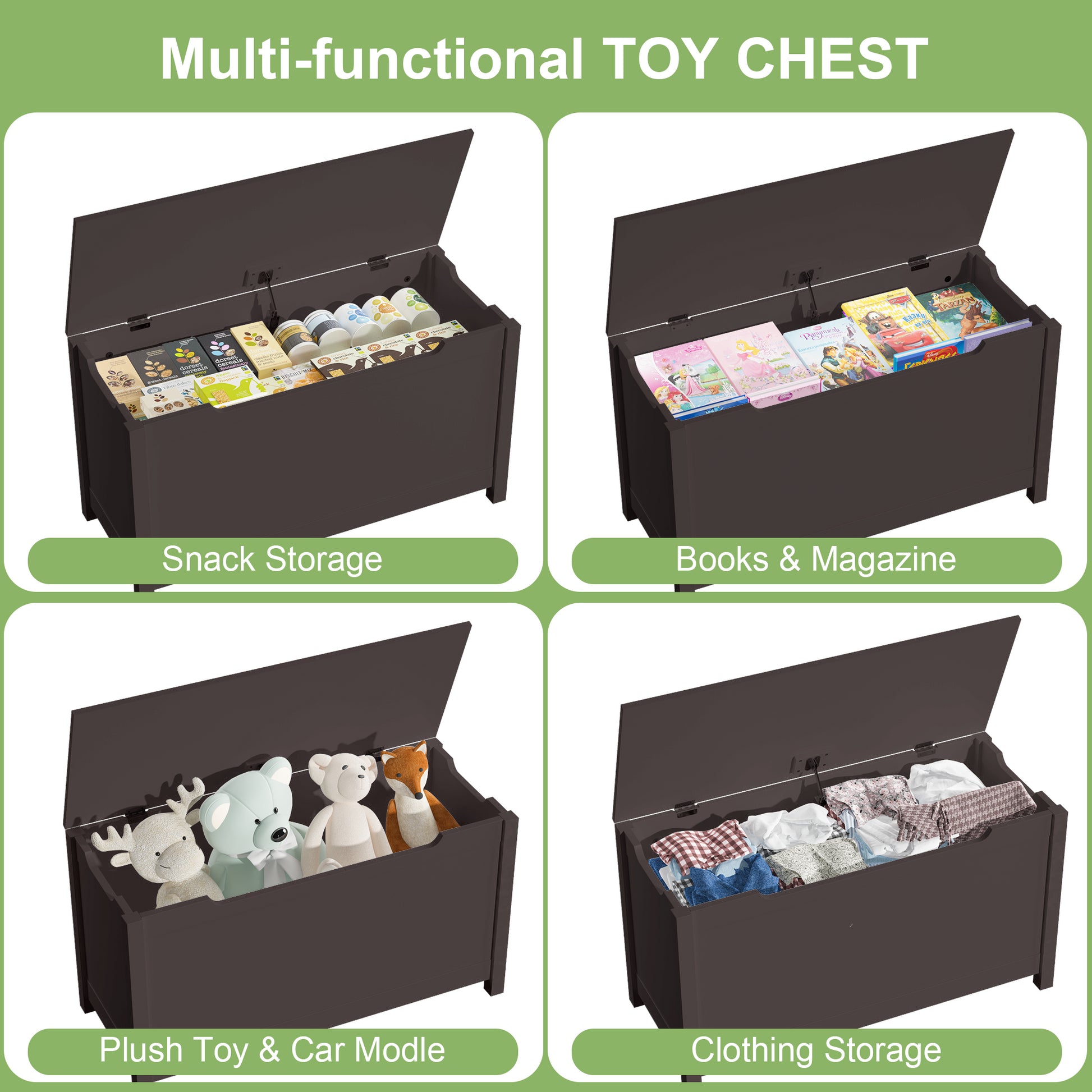 Kids Wooden Toy Box Storage with Safety Hinged Lid for Ages 3+ -Dark Brown