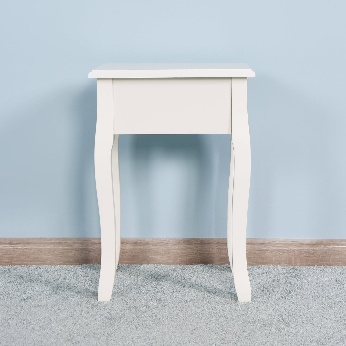 Modern and Elegant Floor Standing Bedside Table with Curved Legs and Drawer- White