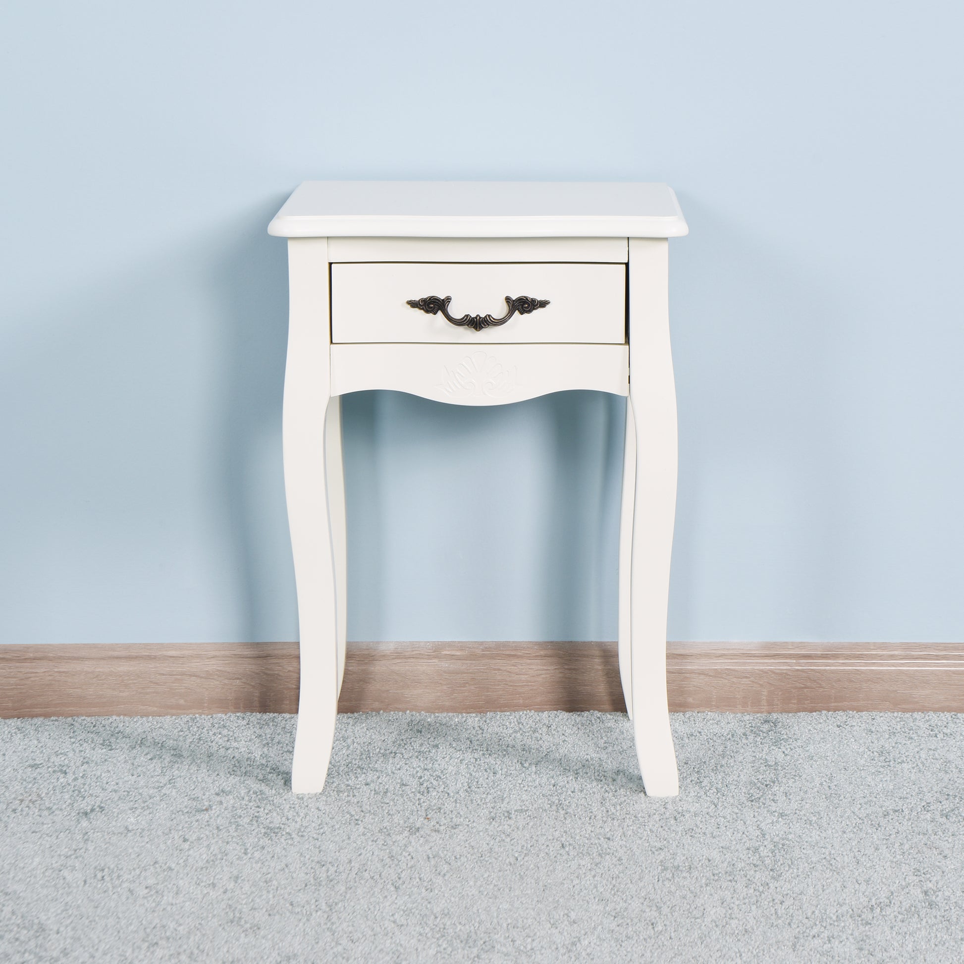 Modern and Elegant Floor Standing Bedside Table with Curved Legs and Drawer- White