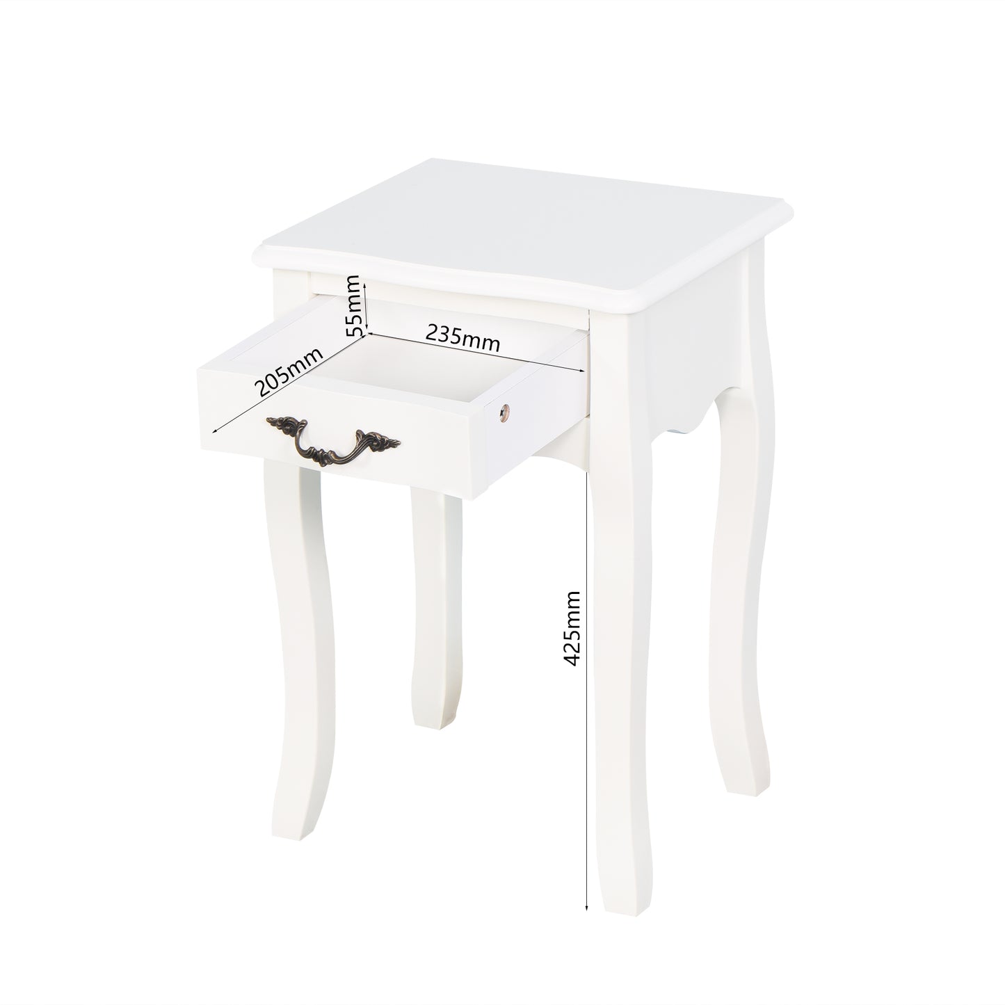 Modern and Elegant Floor Standing Bedside Table with Curved Legs and Drawer- White