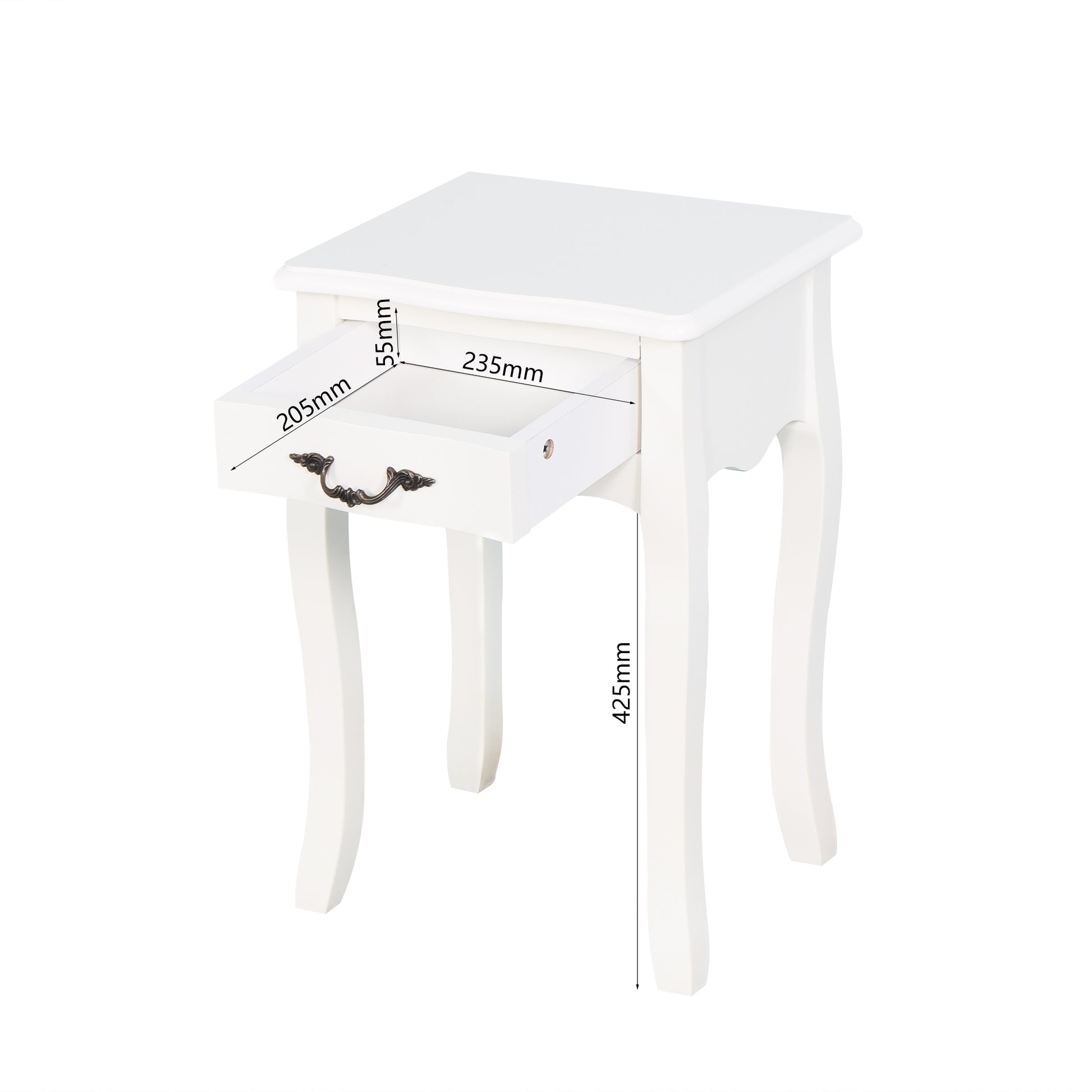Modern and Elegant Floor Standing Bedside Table with Curved Legs and Drawer- White