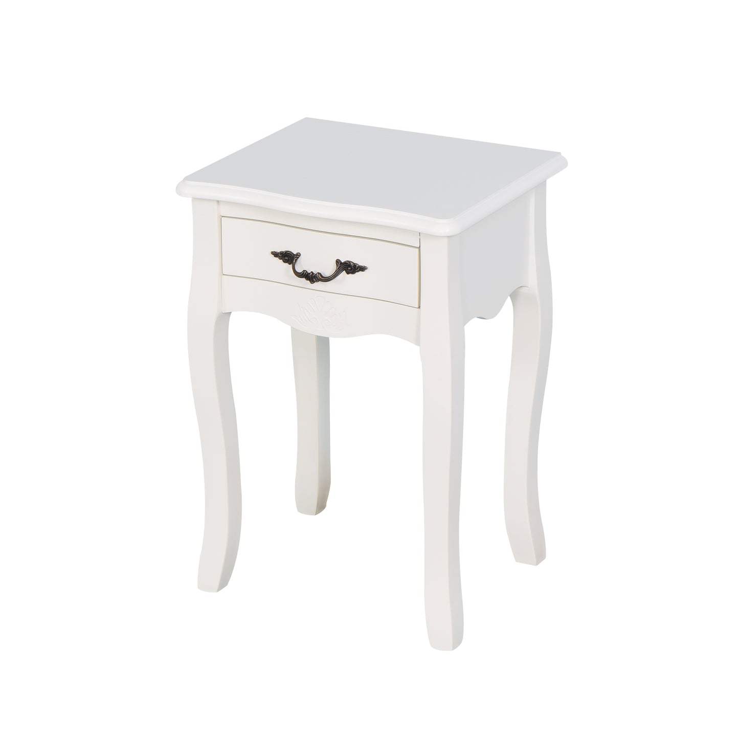 Modern and Elegant Floor Standing Bedside Table with Curved Legs and Drawer- White