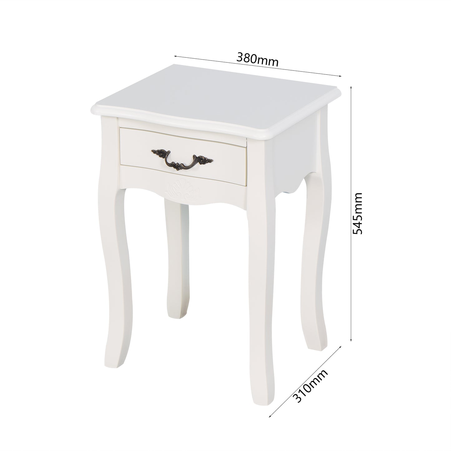 Modern and Elegant Floor Standing Bedside Table with Curved Legs and Drawer- White