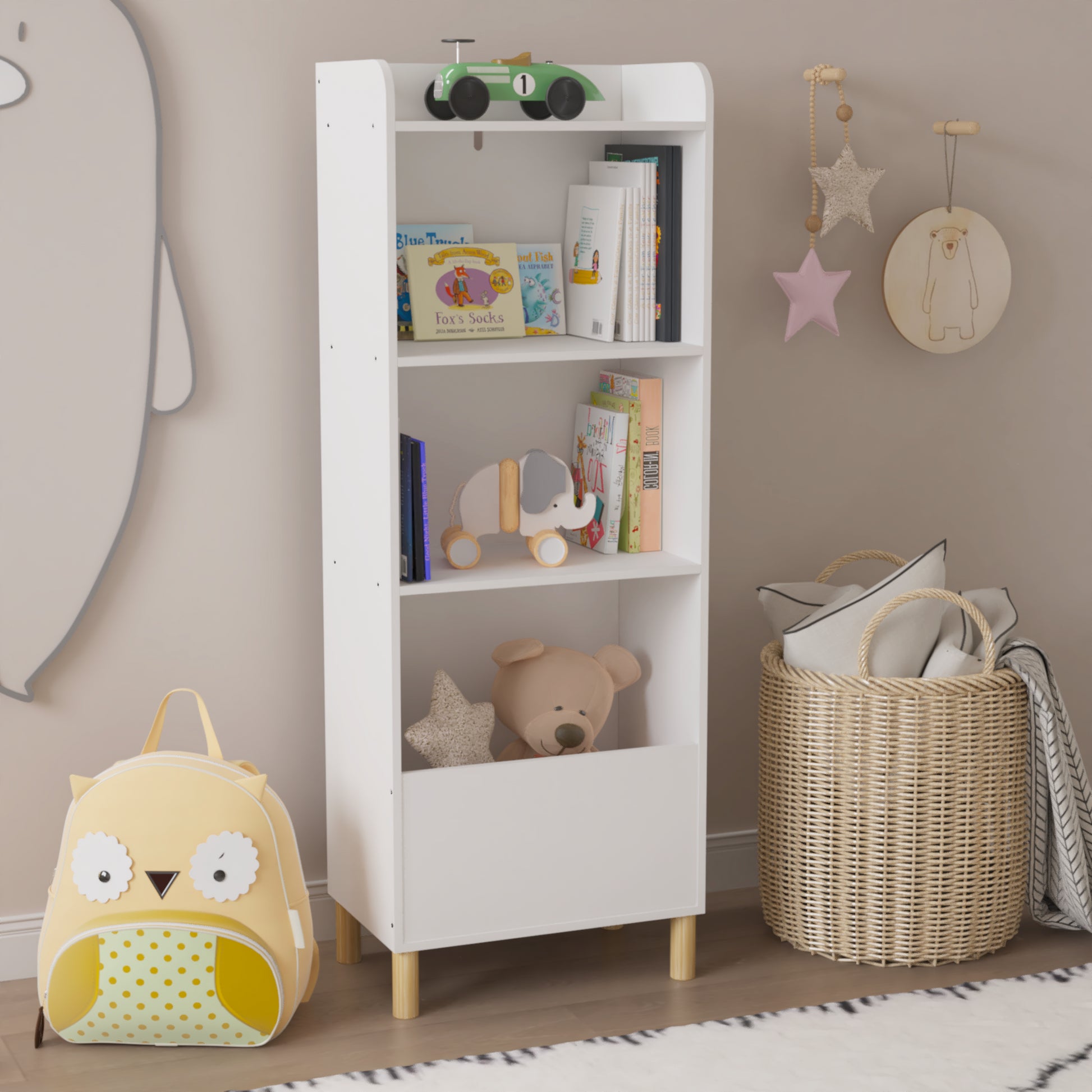 Free Standing 4 Tier Kid’s Bookcase and Toy Storage Organizer in White