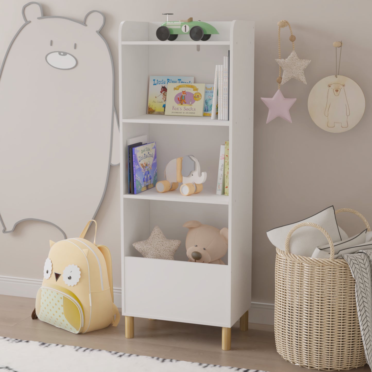 Free Standing 4 Tier Kid’s Bookcase and Toy Storage Organizer in White