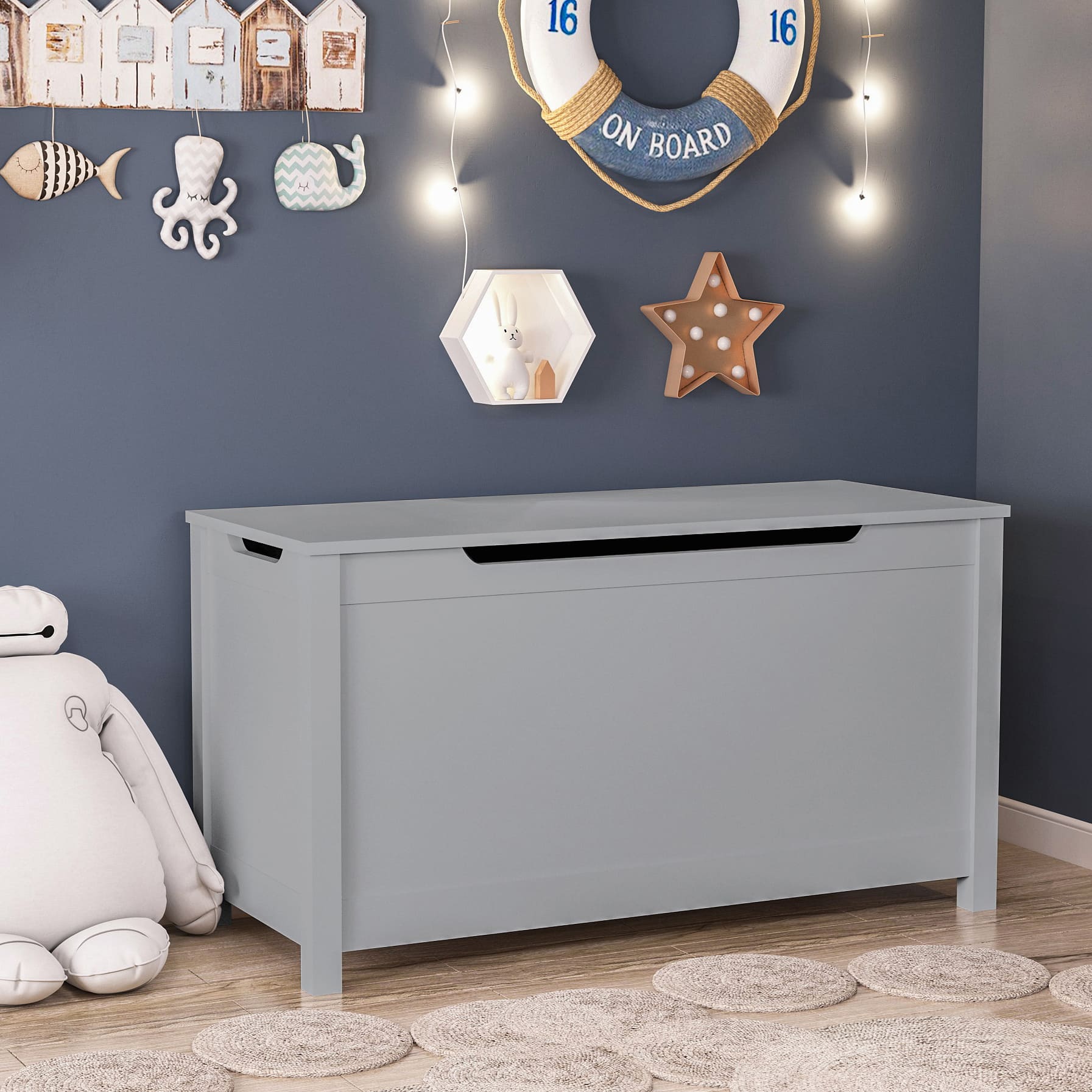 Kids Wooden Toy Box Storage with Safety Hinged Lid for Ages 3+ -Gray