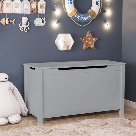Kids Wooden Toy Box Storage with Safety Hinged Lid for Ages 3+ -Gray