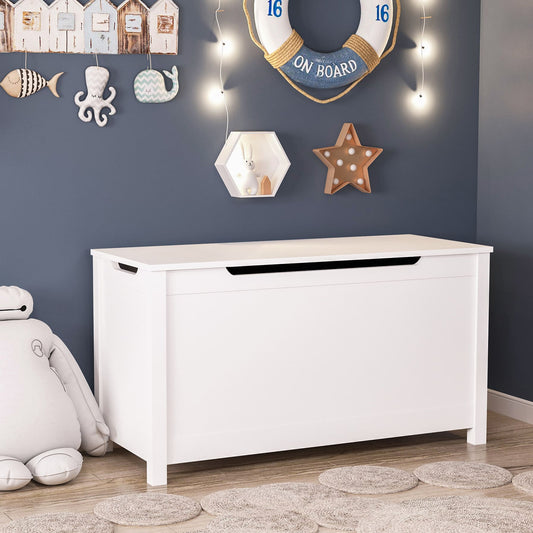 Kids Wooden Toy Box Storage with Safety Hinged Lid for Ages 3+ -White