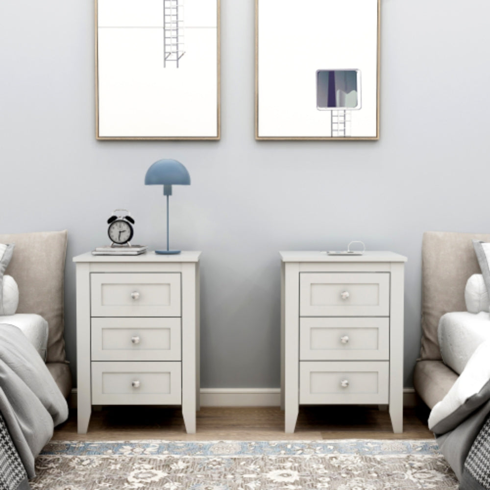Set of 2 White 3 Tier Drawer Nightstands with Charging Station USB Ports and Power Outlets