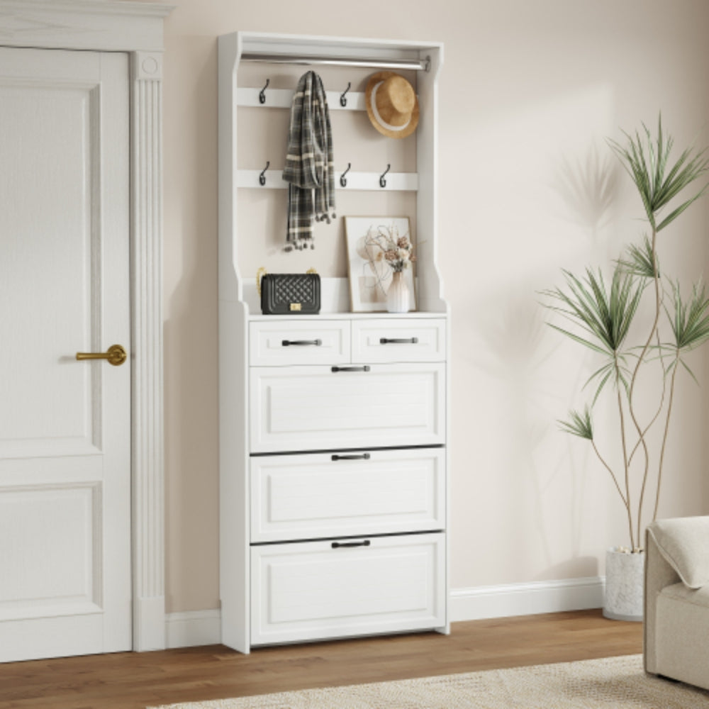 White Shoe Cabinet with 3 Doors 2 Drawers and Hanger