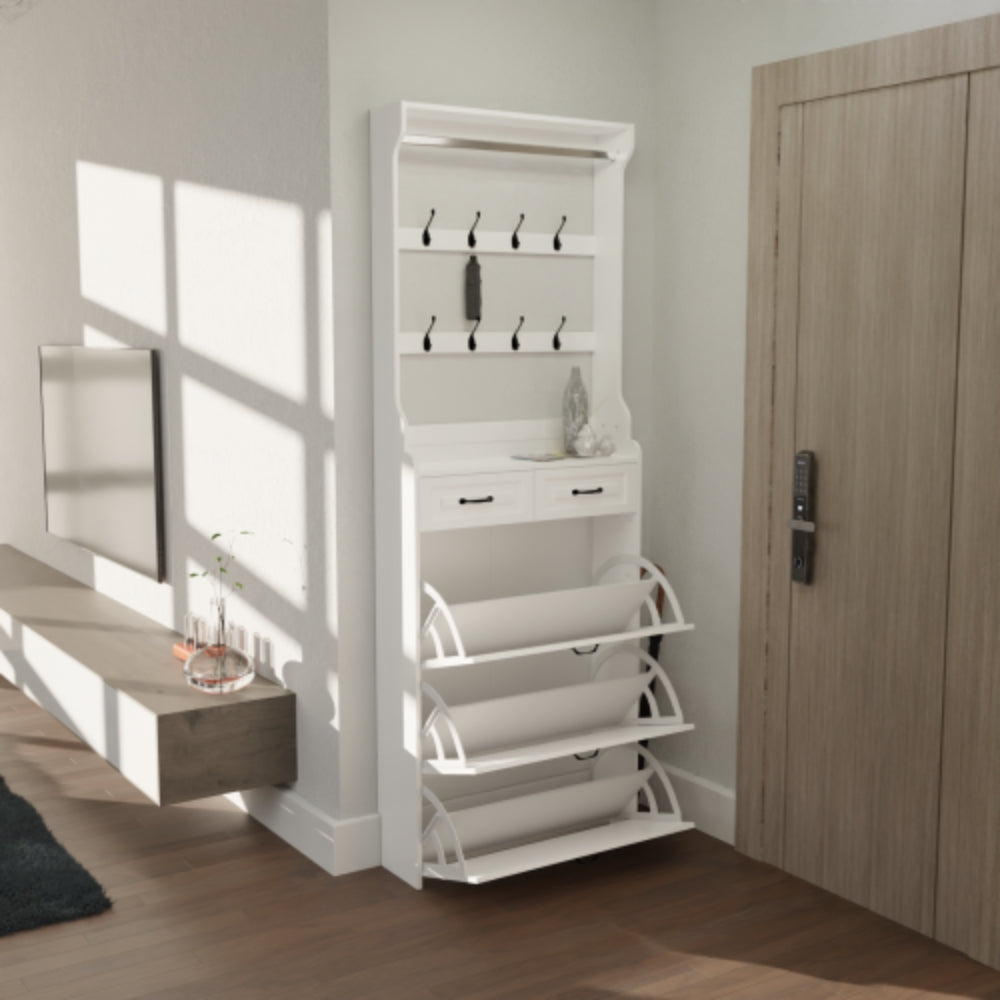 White Shoe Cabinet with 3 Doors 2 Drawers and Hanger