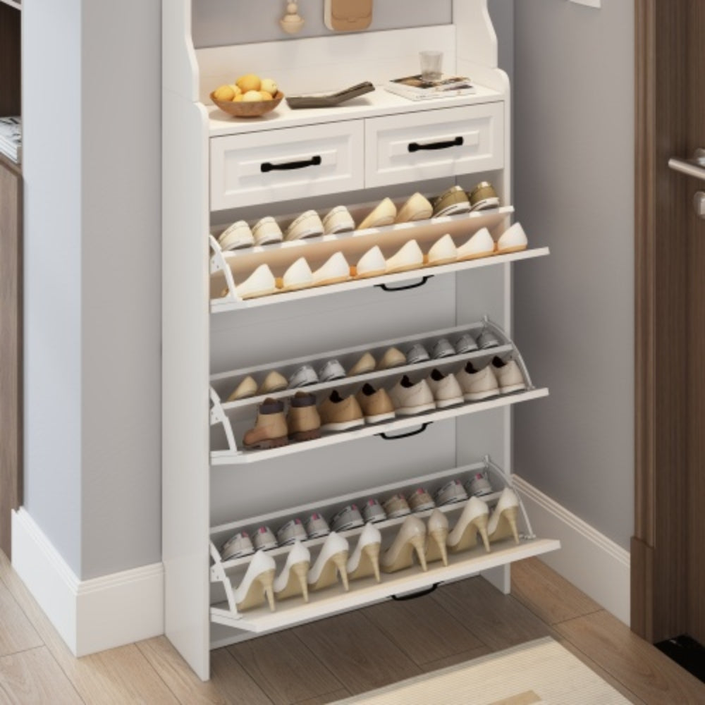 White Shoe Cabinet with 3 Doors 2 Drawers and Hanger