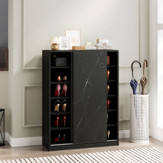 Stylish Marble Black Shoe Cabinet with Sliding Door