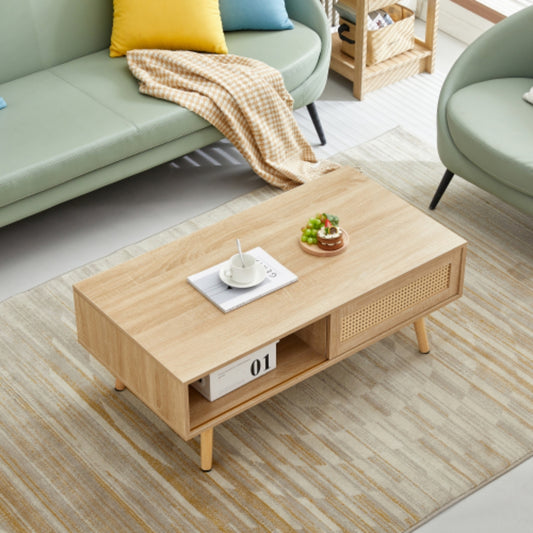 Modern Rattan Coffee Table with Sliding Storage Door in Natural Finish