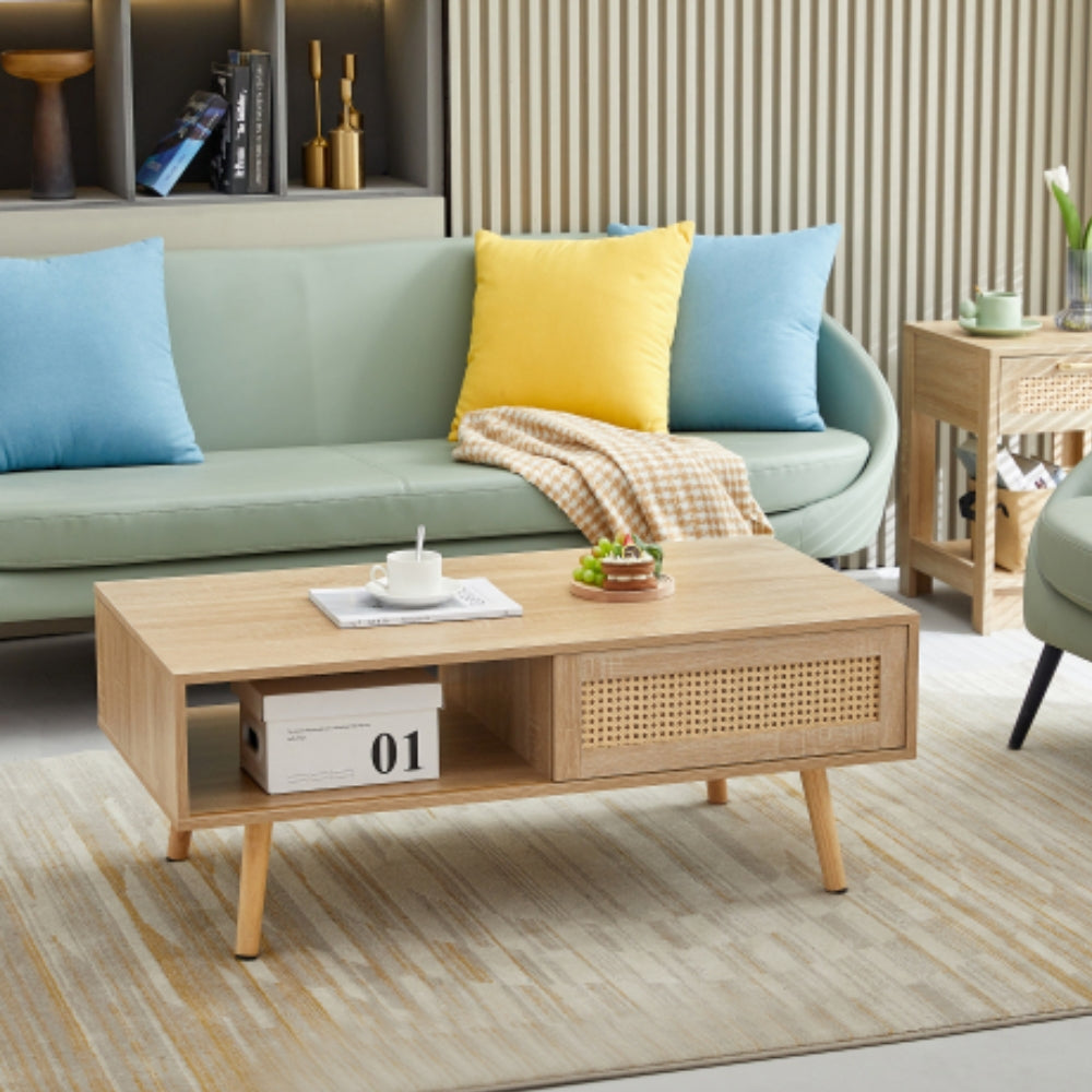 Modern Rattan Coffee Table with Sliding Storage Door in Natural Finish