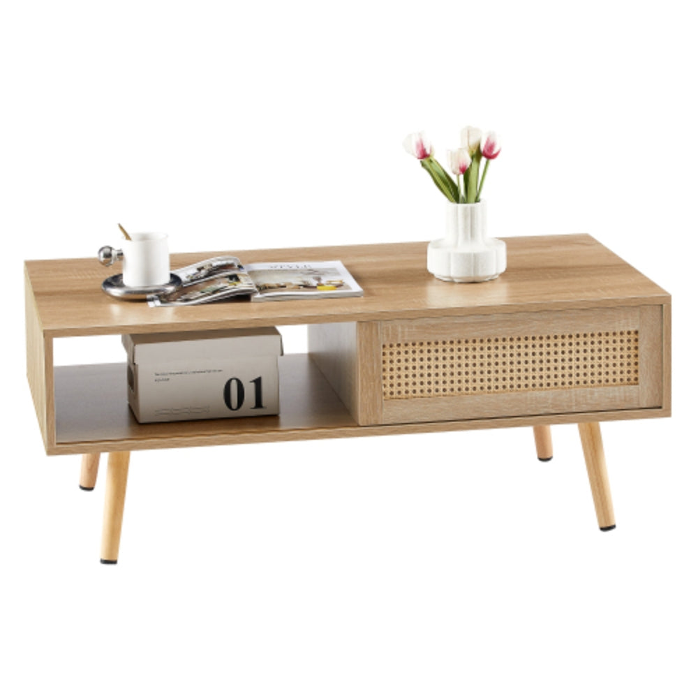 Modern Rattan Coffee Table with Sliding Storage Door in Natural Finish