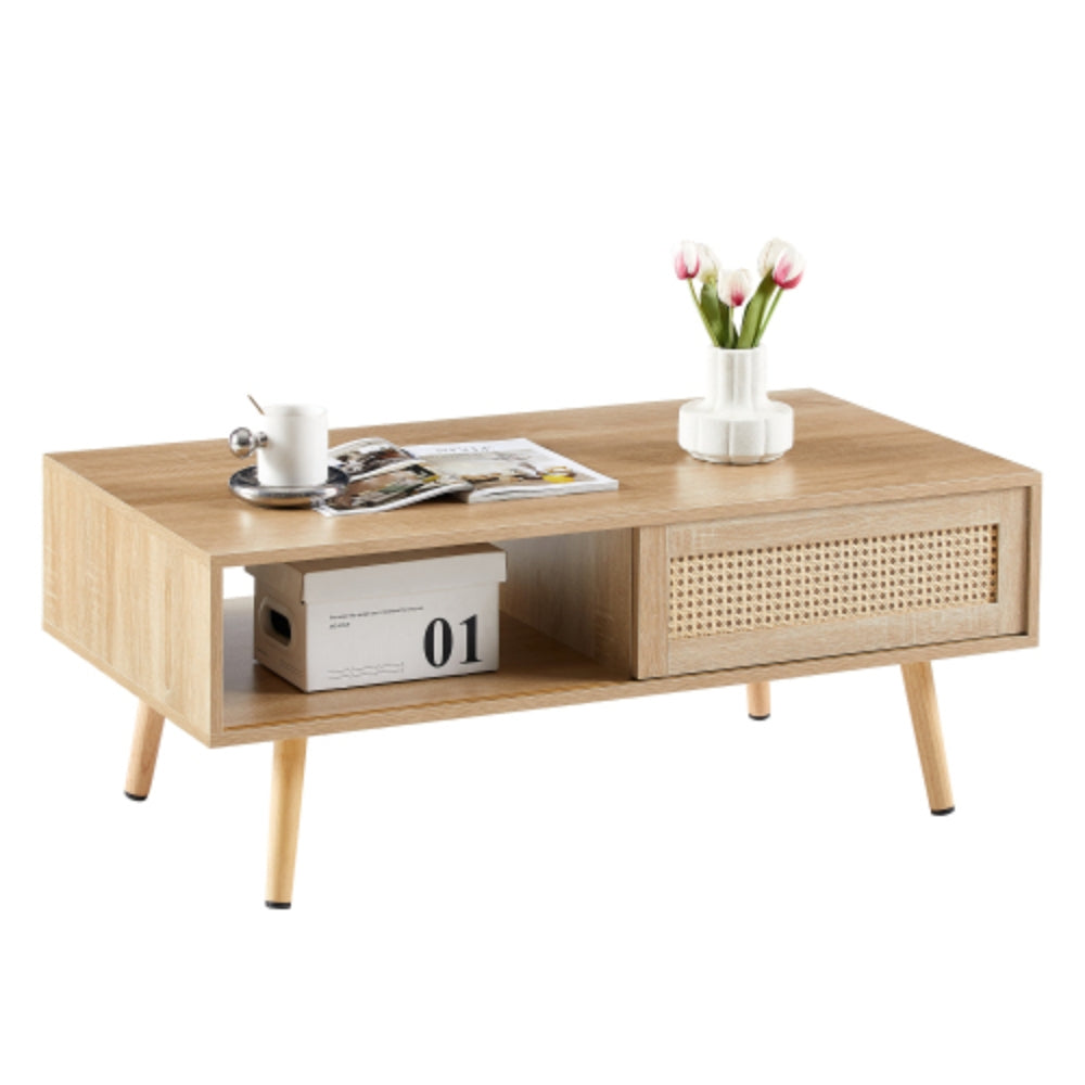 Modern Rattan Coffee Table with Sliding Storage Door in Natural Finish