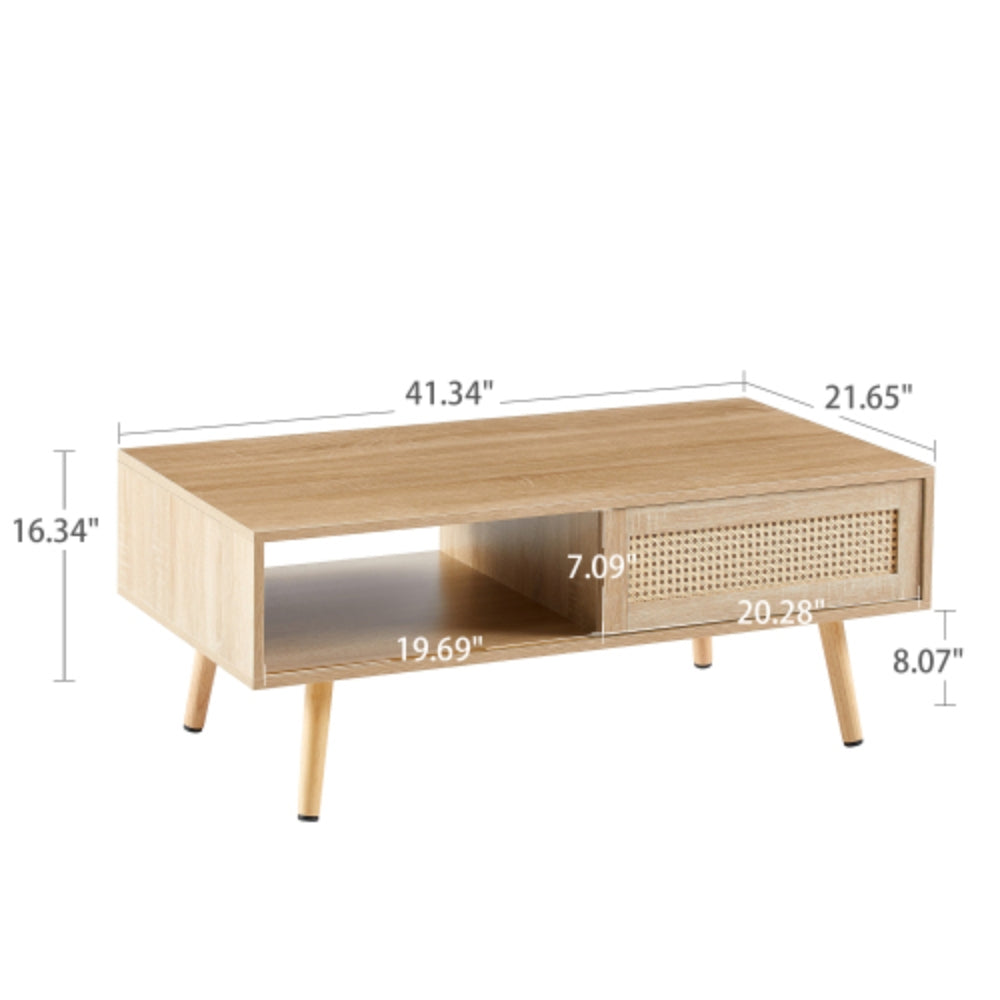 Modern Rattan Coffee Table with Sliding Storage Door in Natural Finish